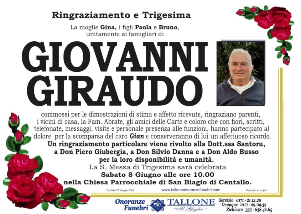 <br />
<b>Warning</b>:  Undefined variable $info in <b>/home/tallone/public_html/ringraziamenti.php</b> on line <b>68</b><br />
Giovanni Giraudo