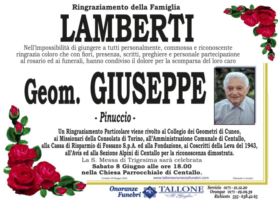 <br />
<b>Warning</b>:  Undefined variable $info in <b>/home/tallone/public_html/ringraziamenti.php</b> on line <b>68</b><br />
Geom. Giuseppe Lamberti