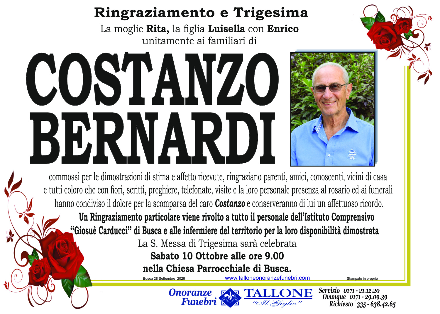 <br />
<b>Warning</b>:  Undefined variable $info in <b>/home/tallone/public_html/ringraziamenti.php</b> on line <b>68</b><br />
Costanzo Bernardi